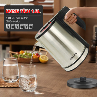 Bình Đun Siêu Tốc Inox 304 OSAKA KT-1820 1.8L 1500W - Đun Nhanh, Tự Ngắt Chống Cạn, Đế Xoay 360 Độ