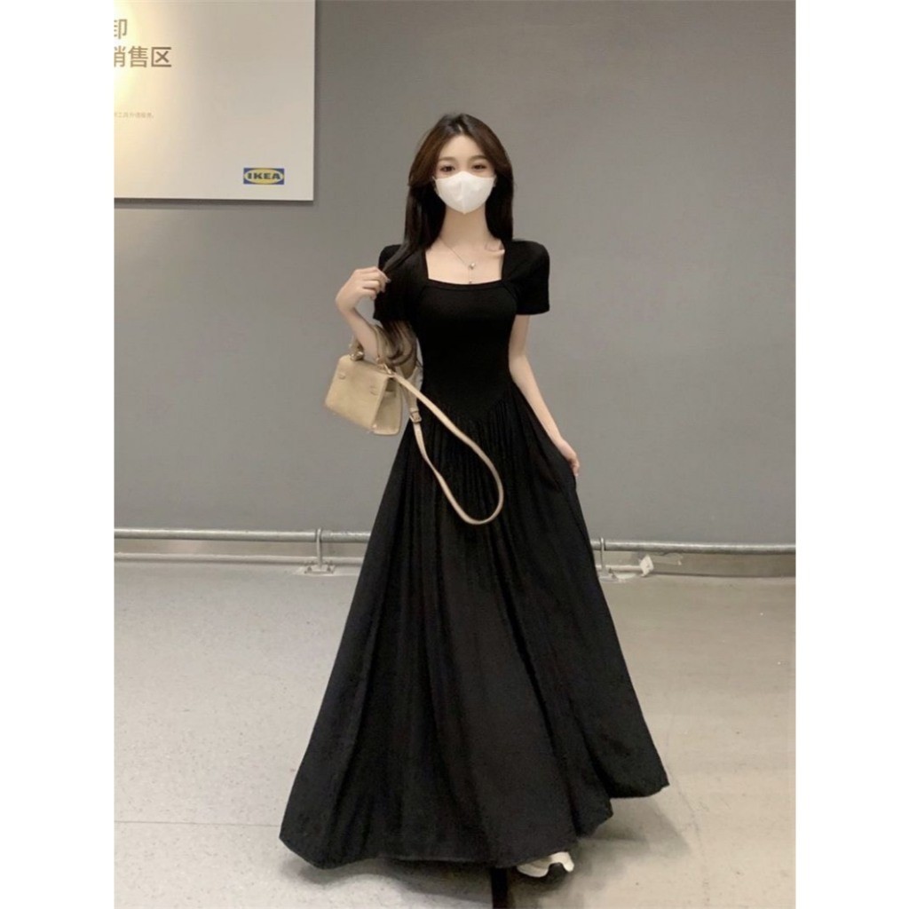 Váy đầm maxi nữ cộc tay cổ vuông dáng dài xòe nhún eo phong cách tỷ tỷ xu hướng Hàn Quốc SP166