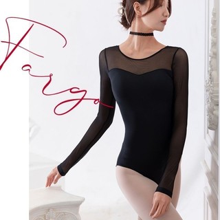Bộ liền thân ba lê nữ tay dài màu đen, ren lưới co giãn, phù hợp yoga/bale trưởng thành, tiêu chuẩn quốc gia