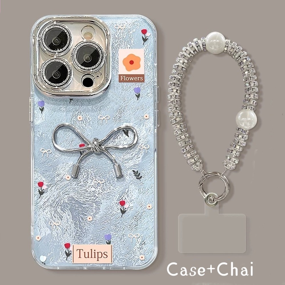 Lập Thể Nơ Màu Hồng Tulip Dây Xích Ốp Lưng Điện Thoại iPhone 17ProMax 16Plus 15 14 13 12 11 Pro Max Long Lanh Với Ống Kính Phim Bảo Vệ Chống Sốc