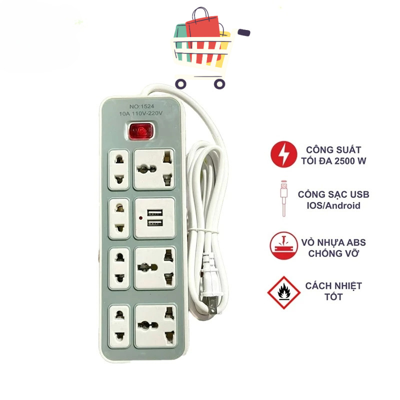 Ổ điện có cổng USB dài 1m5 chịu nhiệt tải đến 2500w , ổ cắm điện có ổ ...