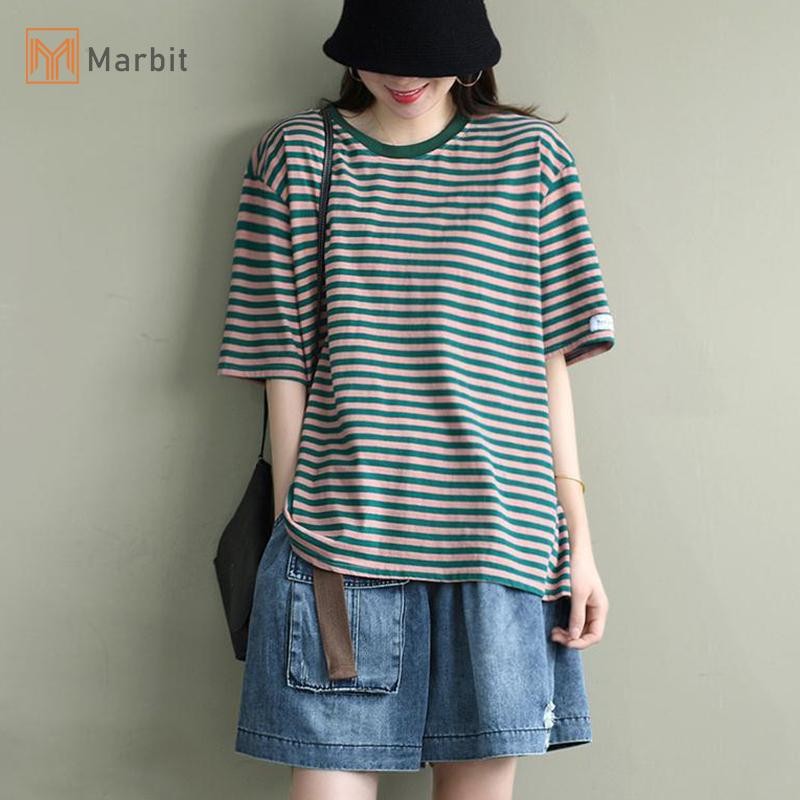 Marbit Nữ Thời Trang Mùa Hè Áo Thun Nữ Tay Ngắn Cổ Tròn Phong Cách Hàn Quốc Sọc Rời Tee Mới