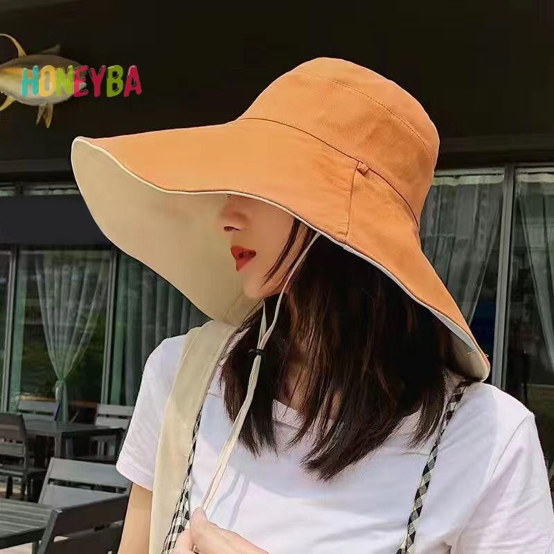 < Honeyba > Mũ chống nắng vành rộng dành cho nữ Chống tia cực tím Đi bộ đường dài Người ngư dân Gấp mùa hè Mũ đi biển chắc chắn Mũ chống nắng hai mặt