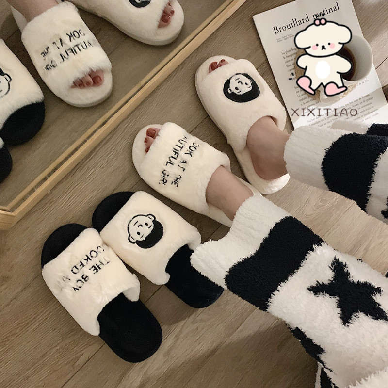 Xixitiao Phong Cách Mới Dép Cotton Thu Đông Phong Cách ins Phong Cách Cặp Đôi Sinh Viên Dép Cotton Nhà Ấm Áp Sang Trọng Giày Nữ Phiên Bản Hàn Quốc