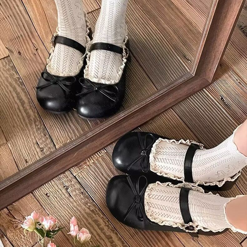 Giày đơn Mary Jane nơ cổ điển dành cho nữ Giày da Pháp đế dày mới 2025
