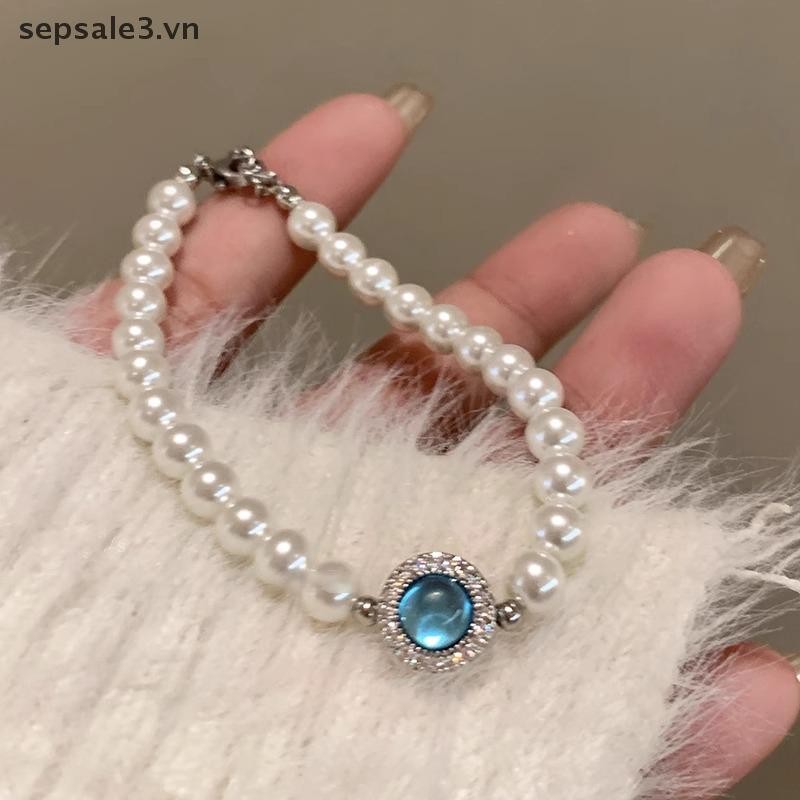 # Sepsale # Vòng tay kim cương giả ngọc trai giả cổ điển thanh lịch Tính khí sang trọng Dây chuyền tinh tế Thiết kế thích hợp Vòng tay ngọc trai pha lê màu xanh.