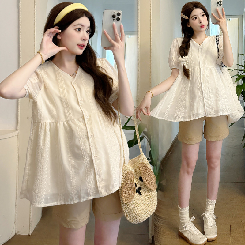 Bộ đồ bà bầu Áo sơ mi ren cổ chữ V ngắn tay mùa hè + Quần Short nâng bụng eo cao Bộ đồ hai mảnh