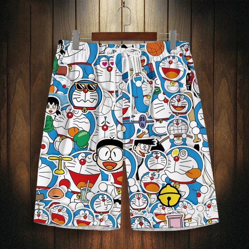 Quần short Doraemon mùa hè rộng rãi, kích thước lớn, nhanh khô, thoáng khí, quần bãi biển in hoa hoạt hình, quần bãi biển thoải mái