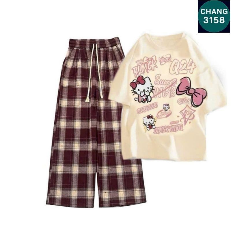 Tổng Hợp Các Sét Quần Ống Rộng + Mix Áo Phông Hình Mèo HÊ LÔ KÍT TI form rộng - Hình Mèo Màu BE-CHANG 3158