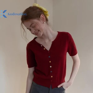 Kudosation Hàng Mới Về Cổ Chữ V Nút Slim Fit Dệt Kim Tay Ngắn Cardigan Áo Thun Nữ Đẹp