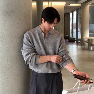 Áo thun Polo dệt kim nửa khóa kéo dành cho nam Groove Phong cách Hàn Quốc mới Màu trơn Áo đơn giản cho mùa thu