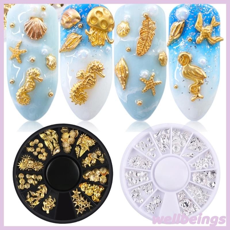 Wellb Nail Art Đề Can 3D Khung Kim Loại Cho Vỏ Biển Sao Biển Đinh Tán Trên Móng Tay DIY Charm