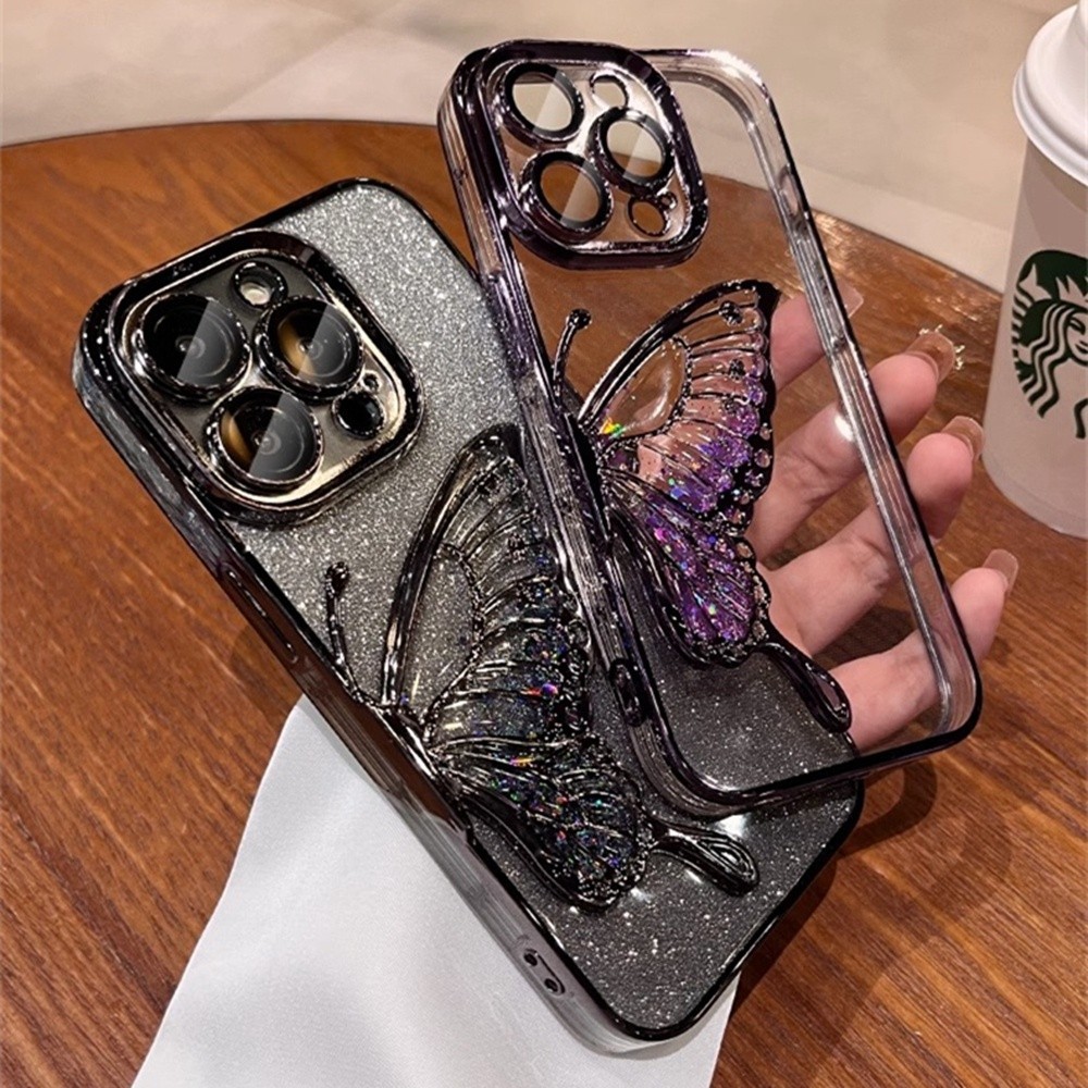 Ốp điện thoại hình bướm lấp lánh Gradient cho IPhone 12 13 14 15 Pro Max 16 Plus Vỏ nhựa TPU mềm có bảo vệ Camera Vỏ chống sốc