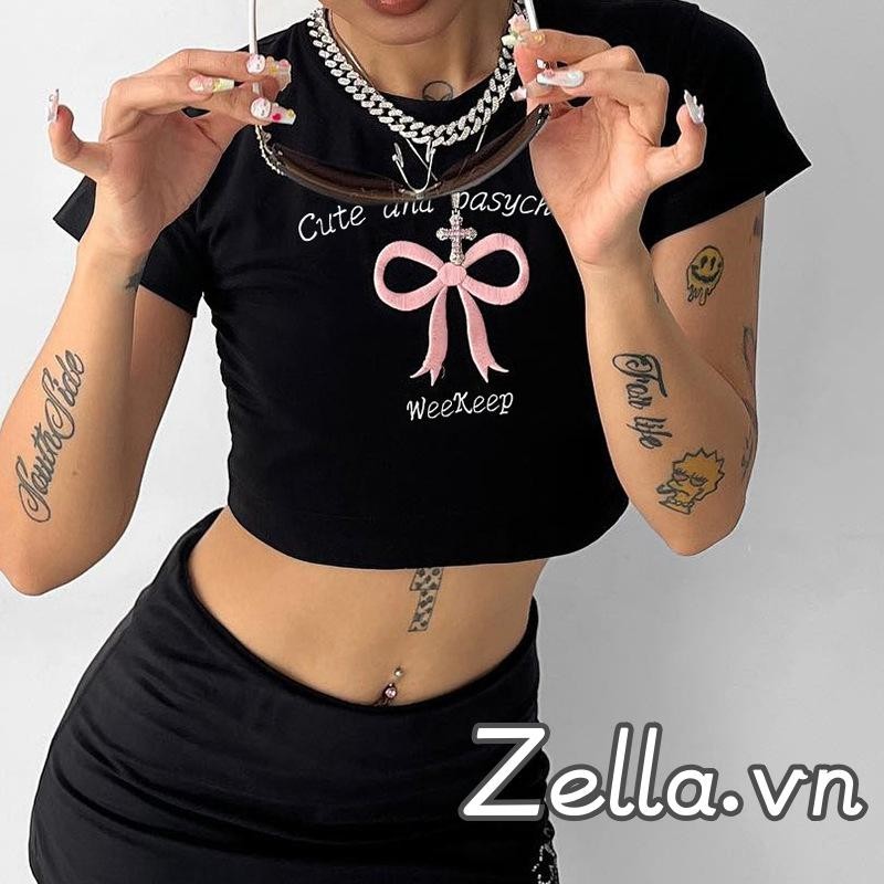Áo thun nữ Crop Y2K Nơ thêu chữ cổ tròn Slim Fit Áo tay ngắn dạo phố