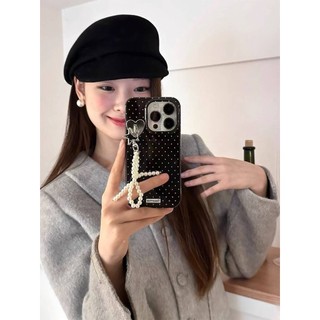 Sang Trọng Phong Cách Hàn Quốc Đen Sóng Điểm Ngọc Trai Nơ Pendent Ốp Lưng Điện Thoại iPhone 15Promax 12 13 14 Pro Max 11 Thời Trang Chống Sốc Silicon Mềm Nữ Tính Nữ Vỏ Di Động