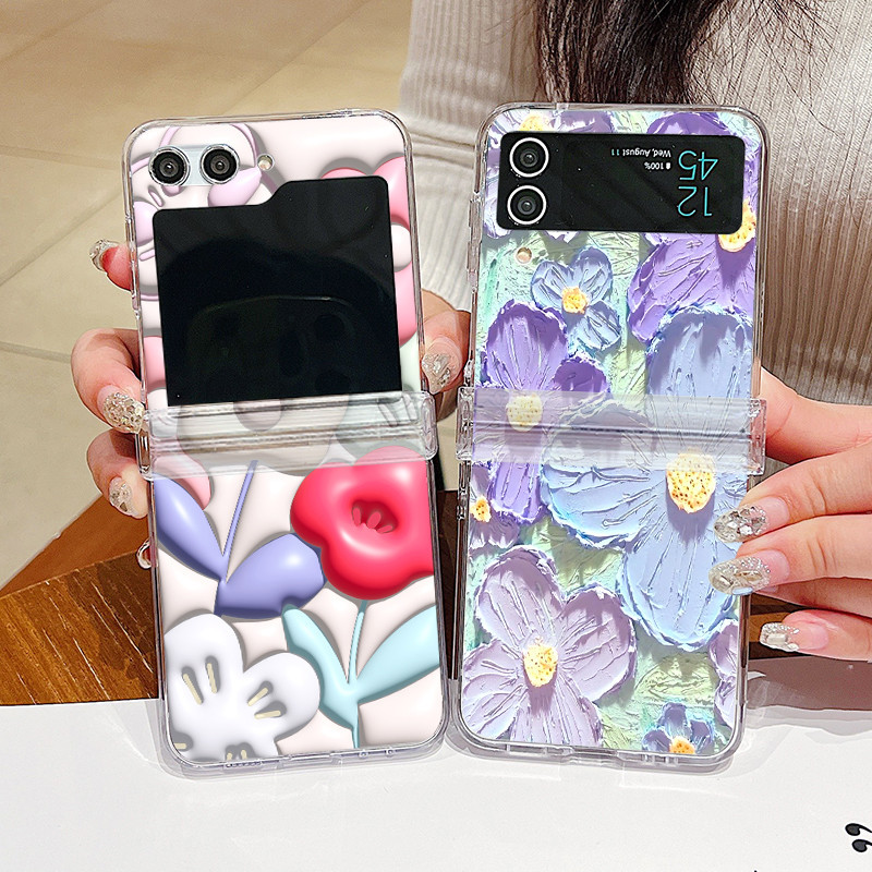 Hoa Lá Hoa Họa Tiết Trong Suốt Vỏ Điện Thoại Cho Samsung Galaxy Z Flip5 Flip4 Flip3 Full Bản Lề Cứng Trong Suốt Gấp Ốp Lưng Cho Samsung Z Flip 5 4 3