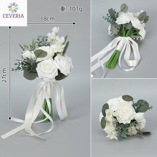 Bó hoa cưới cầm tay cô dâu từ hoa lụa và lá táo xanh CEVERIA