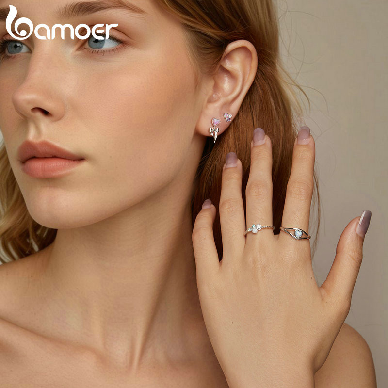 Bamoer 925 Sterling Sliver Studs Bông Tai Tinh Tế Opal Trang Sức Quà Tặng Cho Nữ SCE1783