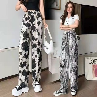 Quần ống rộng lụa băng nữ mùa hè mỏng lụa băng in mực tie-dye quần dáng rộng thường ngày lau quần xu hướng