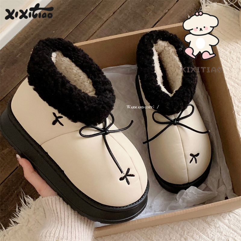 Xixitiao Mùa Đông Phong Cách Mới Phong Cách Hàn Quốc Nơ Đông Bắc Giày Cotton Nữ Thời Trang Đế Dày Bên Ngoài Mặc Cô Gái Trái Tim Chống Thấm Nước Giày Trượt Tuyết