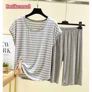 Phụ Nữ Sọc Bộ Rời Mỏng Kích Thước Lớn Thủy Thủ Đoàn Cổ Bộ Đồ Ngủ Mùa Hè Áo Thun Không Tay Quần Bộ