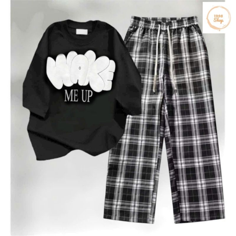 Tổng Hợp Các Sét Quần Kẻ Caro Đen ống Rộng + Mix Áo Phông Mèo HÊ LÔ KÍT TI Form Rộng Tay Lỡ Cotton