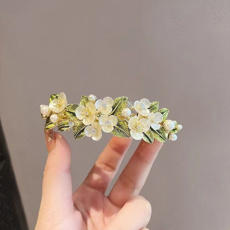 MAUROPOLI [Sẵn sàng] Mùa xuân Phong cách mới Vỏ ngọc trai hoa nữ Kẹp tóc ngang Kẹp tóc đính đá trung bình Kẹp tóc đuôi ngựa sang trọng