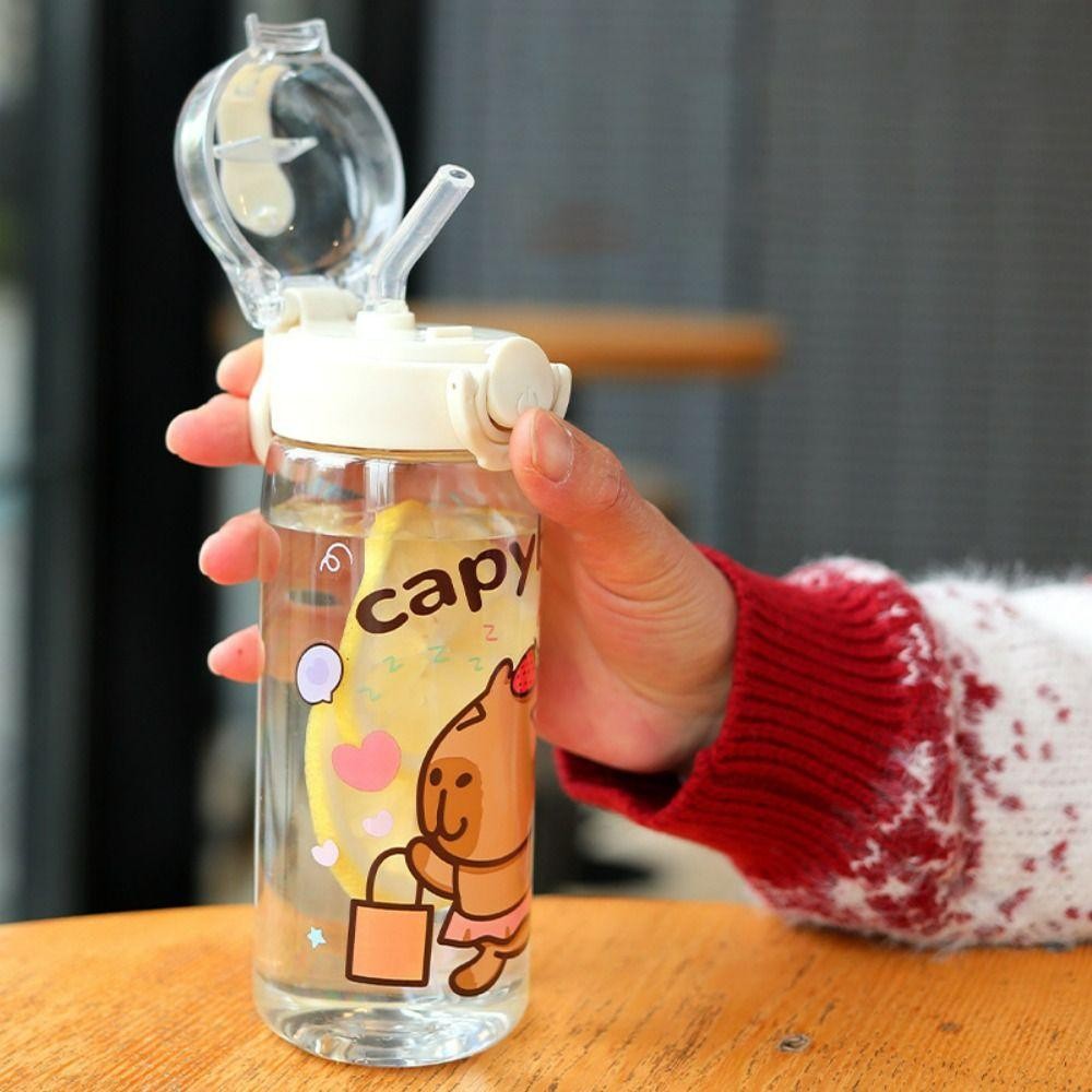 Bình nước ống hút SUNKISSD Capybara, Cốc nước trẻ em chống rò rỉ trong suốt, Cốc uống nước 400ML di động hoạt hình Văn phòng tại nhà