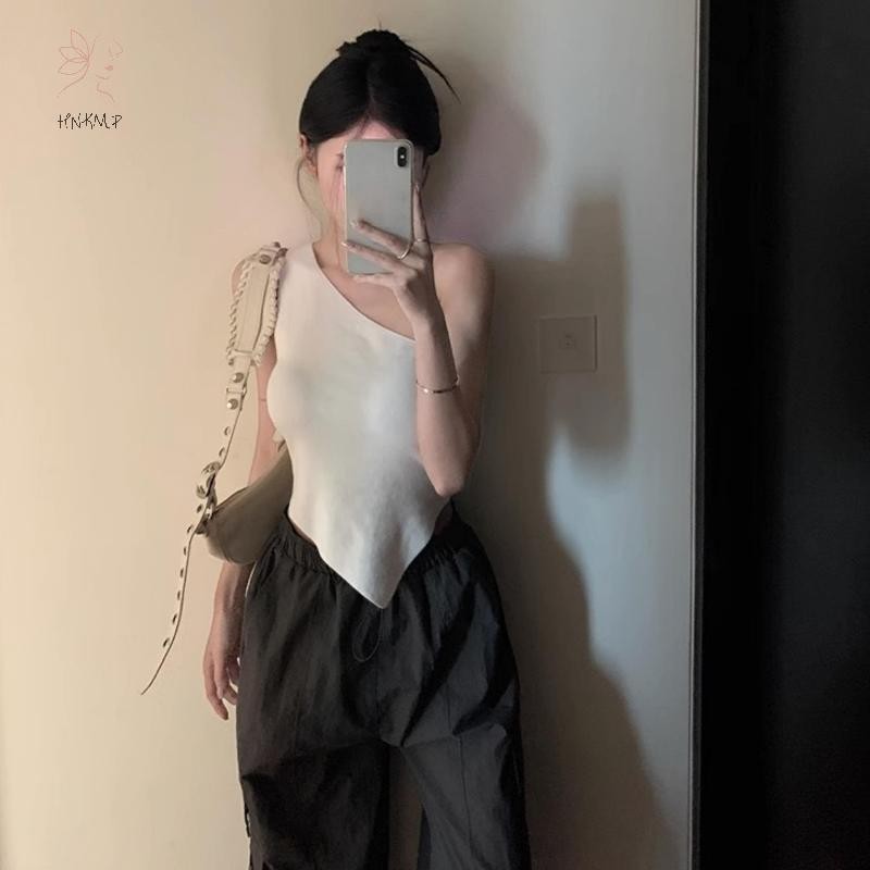 Hnkmp Nữ Sườn Vai Áo Vest Màu Trơn Không Tay Không Đều Áo Mùa Hè.