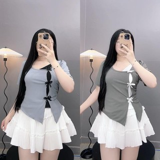 Áo thun Bigsize nữ kiểu tiểu thư cổ tim vạt xẻ gắn nơ xinh vải gân tăm co giãn thoải mái ôm tôn thon gọn dáng - A273