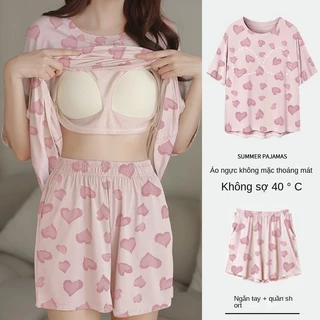 Bộ Đồ Ngủ Nữ Mùa Hè Tay Ngắn Ngọt Ngào Với Miếng Lót Ngực Phiên Bản Hàn Quốc Hoạt Hình Sinh Viên Thường Ngày Homewear Rời Kích Thước Lớn Mùa Hè
