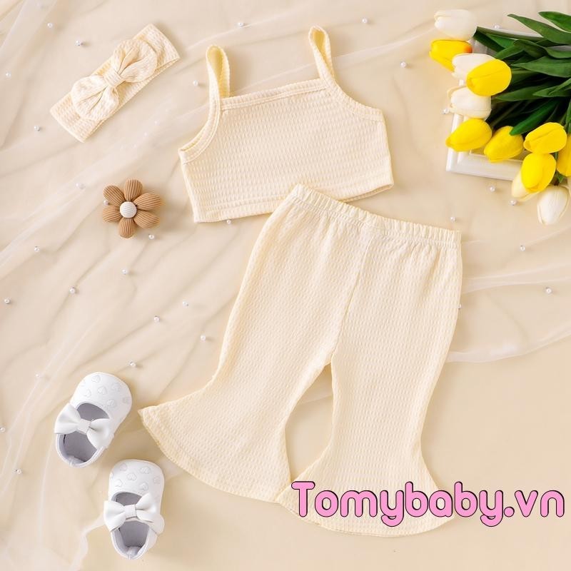Bé Gái 3 Bộ Quần Áo Màu Trơn Gân Áo Tank Không Tay + Quần loe Băng Đô Trang Phục Mùa Hè