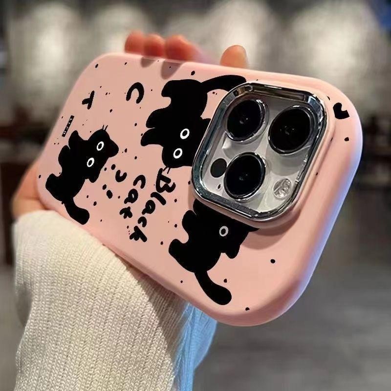 Ốp điện thoại mềm hình mèo đen dễ thương cho OPPO A18 A38 A16 A17 A3S A53 A57 A77 A59 RENO 4 5 6 7 8 PRO 8T 5Z 6Z 2Z 2F 11F Vỏ điện thoại mềm khung ống kính Matal mạ điện sang trọng