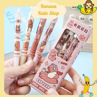 [Mực Đen] Set 4 Bút Hoạt Hình Capybara, Mắc Cài Kim Loại Đệm Tay Silicon Ngòi 0.5mm