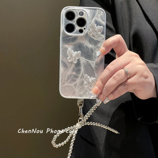Sang Trọng Aurora Feather Flash Kim Cương Bướm + Dây Xích Điện Thoại Ốp lưng iPhone15 14 13 12 11 Pro MAX IXS MAX XR XS Camera Chống Sốc Bảo Vệ Toàn Diện Mặt Sau Cứng Mờ