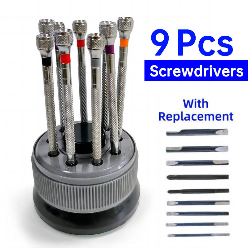 9 Chiếc Đồng Hồ Dụng Cụ 0.8mm-2.0mm Có Rãnh Chữ Thập Phẳng Phillips Bộ Tua Vít Bộ Đồng Hồ Sửa Chữa Kính Tua Vít Mini Lưu Trữ