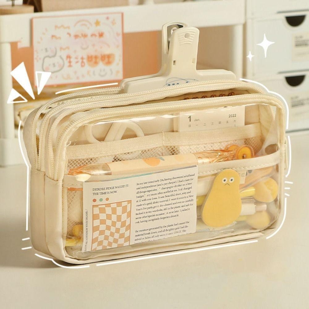 Bút Chì THFENG, Túi Đựng Bút Năm Lớp Trong Suốt, Da PU Di Động Đơn Giản + Hộp Bút Chì Dung Tích Lớn PVC Quà Tặng Học Sinh