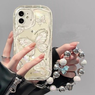 Ốp Điện Thoại Dây Xích Bướm Dễ Thương Cho Samsung Galaxy S23 S24 5G S22 Ultra Plus S24 + S23 + S23 FE Shell Vòng Tay Trái Tim Tình Yêu Vỏ Laser Sang Trọng Mềm Trong Suốt