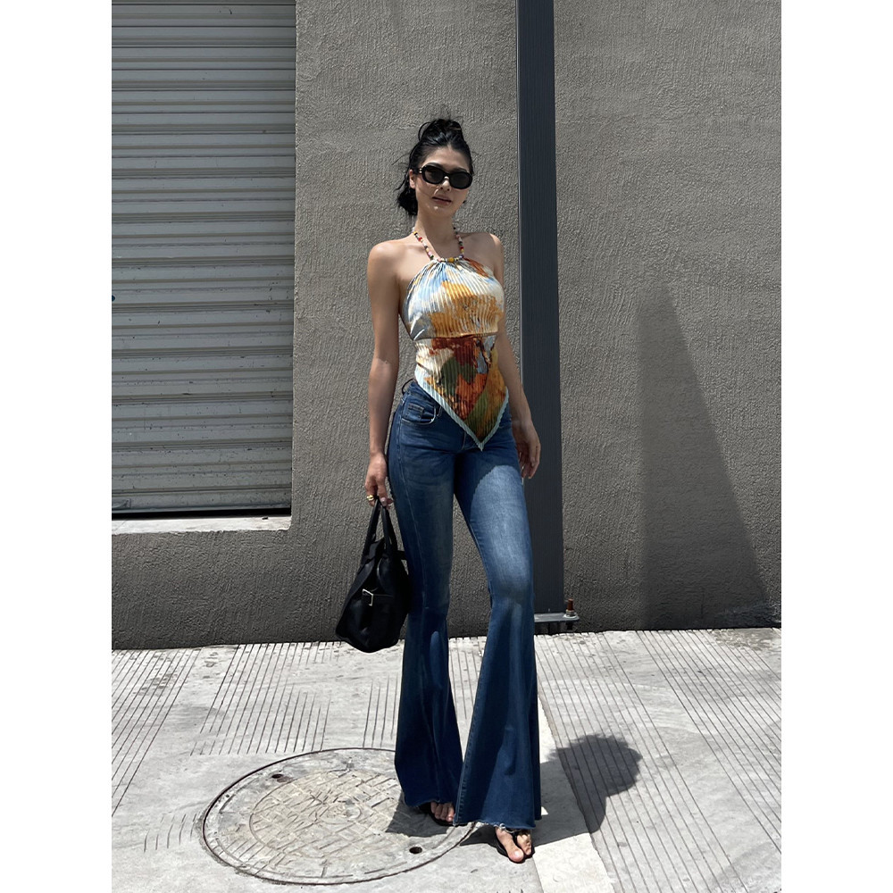 Áo dây camisole ngắn in họa tiết đính hạt phong cách Bohemian Mỹ, thiết kế gợi cảm, lưng đẹp, kiểu vest dễ thương