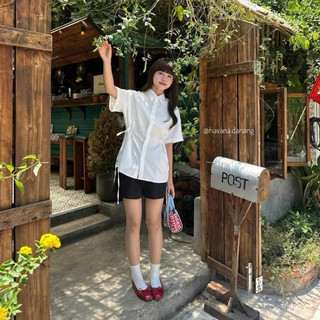 Áo sơ mi đũi buộc nơ eo cổ bẻ cúc cài nữ tiểu thư xinh xắn hàng loại 1