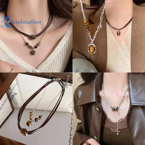 Kudosation Vintage Da Nâu Đá Mặt Dây Chuyền Vòng Cổ Xếp Chồng Choker Tính Khí Xương Đòn Dây Chuyền Dành Cho Nữ Cô Gái Mùa Thu Đông Vòng Cổ