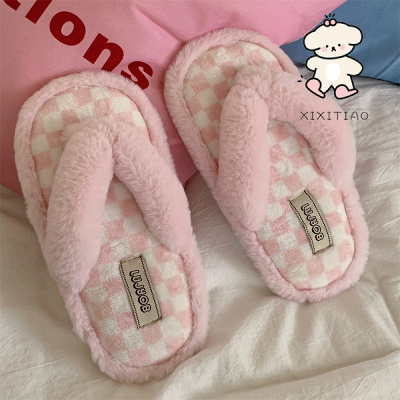Xixitiao Thu Đông Sáng Tạo Phong Cách Mới Influencer Checkerboard Thời Trang Đế Mềm Giày Cotton Nữ Nhà Ngoài Trời Mặc ins Sang Trọng Flip-Flops