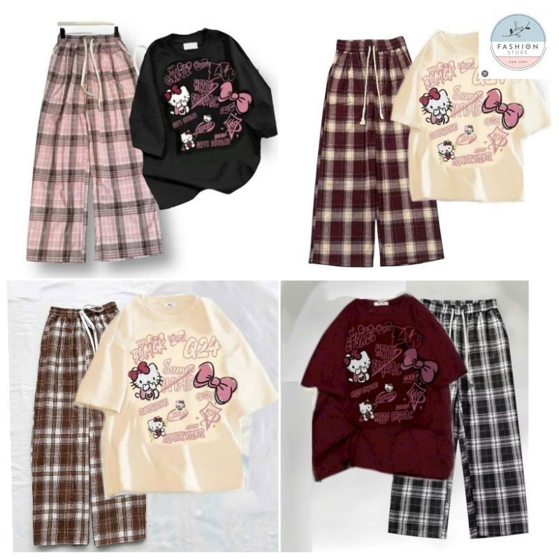 Tổng Hợp Các Sét Quần Ống Rộng + Mix Kèm Áo Phông hình MÈO Hê Lô Kít TYY -quần áo unisex94
