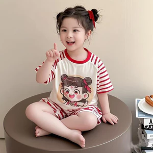 Bộ quần áo bé gái in hình Na Tra & Ao Bính-Set áo thun ngắn tay và quần short thời trang cho trẻ em