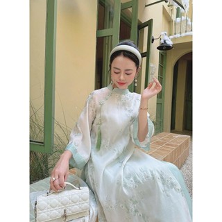 Áo dài cách tân nữ KÈM QUẦN 4 tà thiết kế thêu hoa phối tay loe vải tơ mềm cao cấp -Jn Design J21