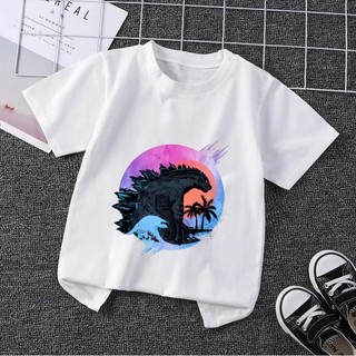 Bộ phim hoạt hình Godzilla Áo thun trắng nguyên chất in hình dễ thương quần áo ngắn tay hàng ngày dành cho trẻ em