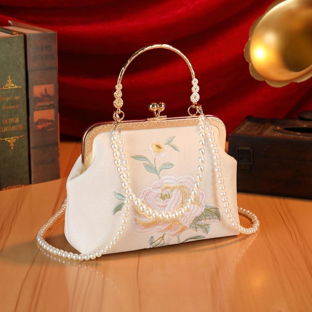 Túi tiệc GUSTAVA, Túi Qipao dung tích cao phong cách, Túi đeo vai thêu tay cầm ngọc trai hợp thời trang phổ biến dành cho nữ