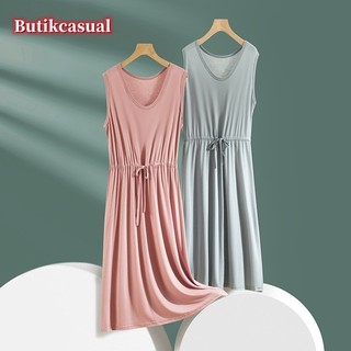 Phụ Nữ Modal Cổ Chữ V Không Tay Váy Modal Mỏng Rời Midi Đầm Mùa Hè Mới Đồng Bằng Bộ Đồ Ngủ