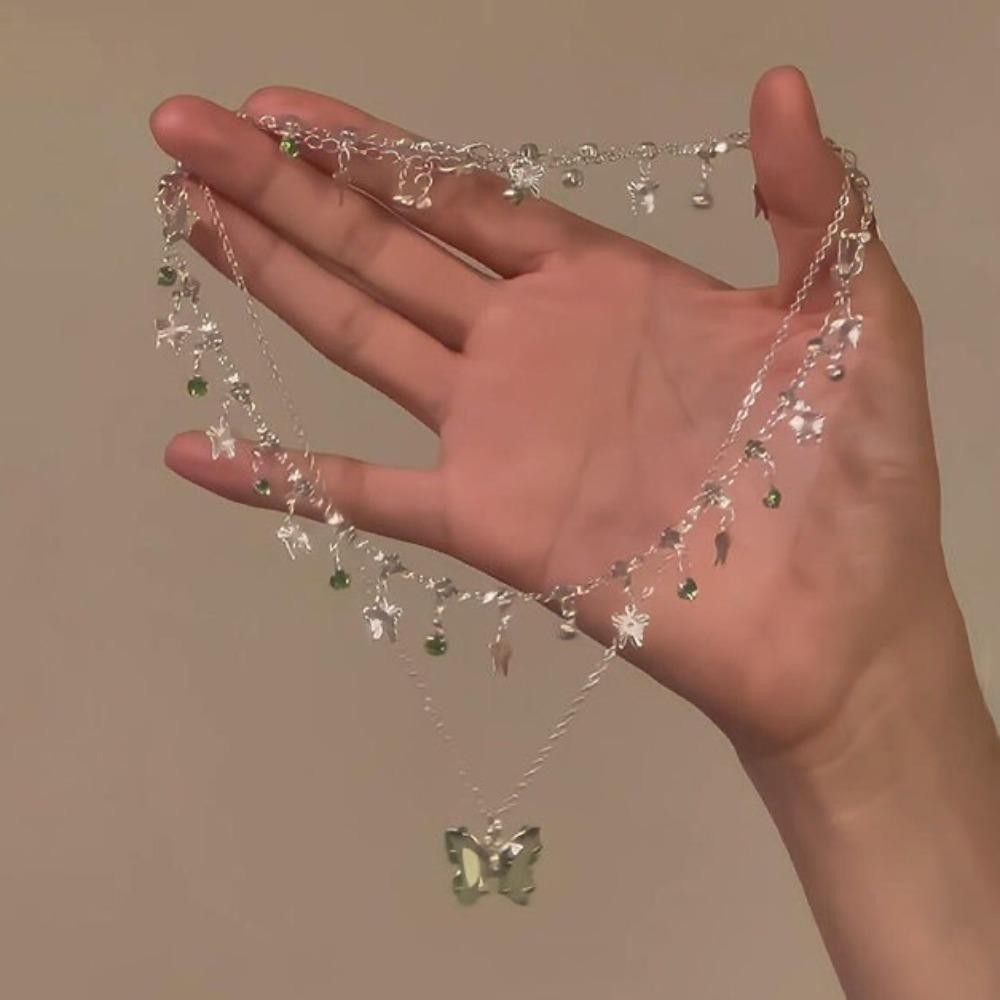 Vòng Cổ Bướm LACYES, Dây Xích Xương Đòn Tua Rua Zircon, Trang Sức Thanh Lịch Hai Lớp Kim Cương Giả Sáng Bóng Tiệc
