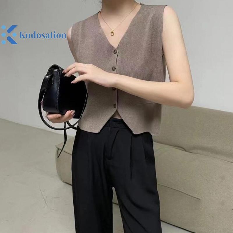 Kudosation Nữ Sang Trọng Cổ Chữ V Dệt Kim Áo Nhân Quả Ngắn Tay Áo Vest Áo Retro Màu Trơn Áo Thun Đẹp